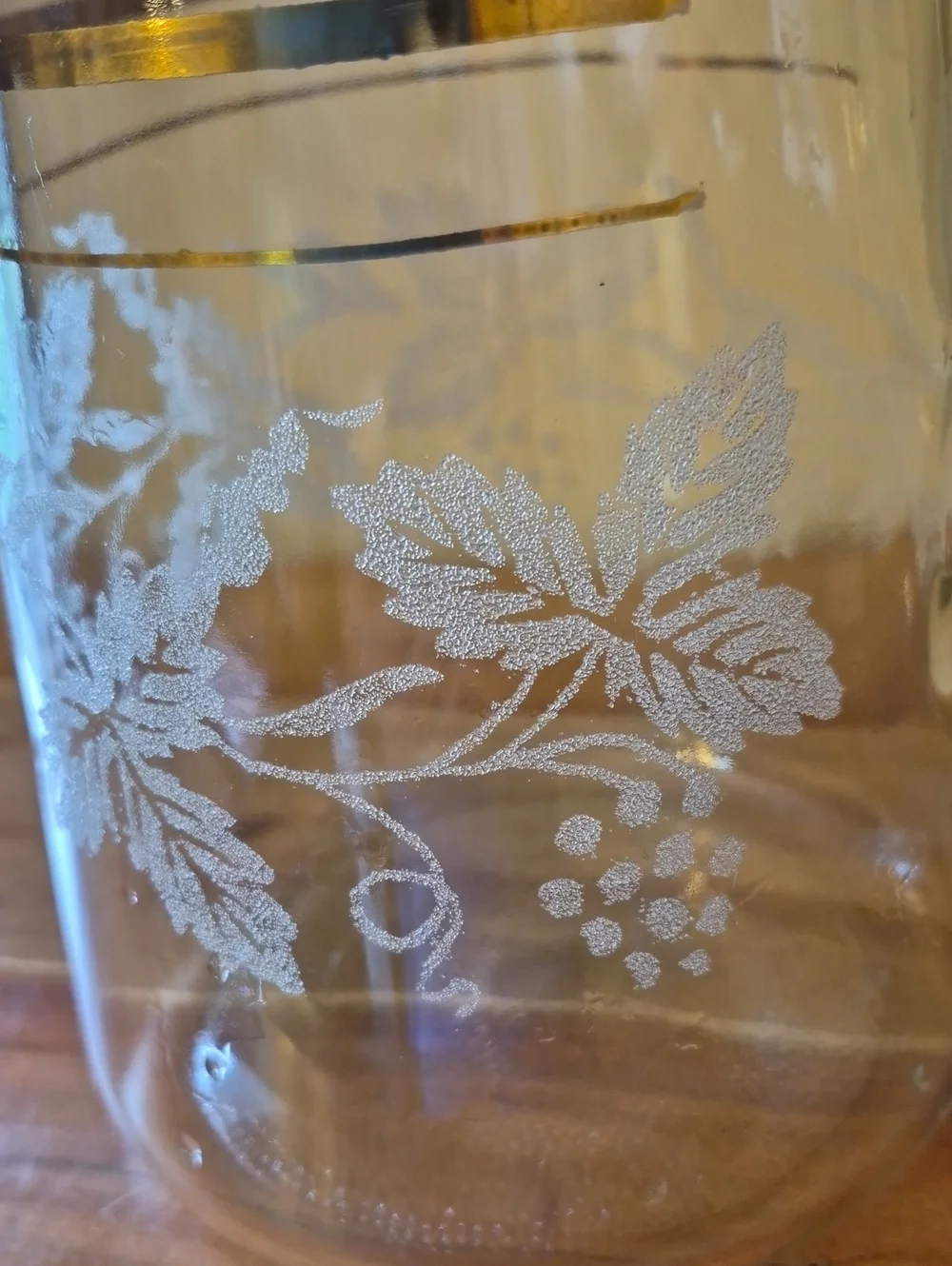 Vintage Bartlett-Collins Glass Pitcher with Etched Grape Leaves & Gold Bands